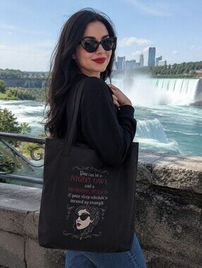 Large Black Graphic Tote Bag – Night Owl Quote